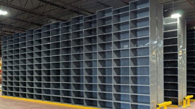 Multilevel Deluxe Industrial High Bay Shelving Back-To-Back Aisles