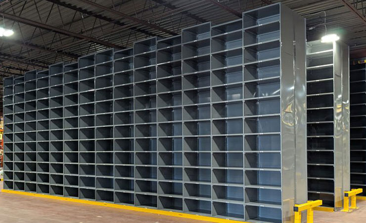 Multilevel Deluxe Industrial High Bay Shelving Back-To-Back Aisles