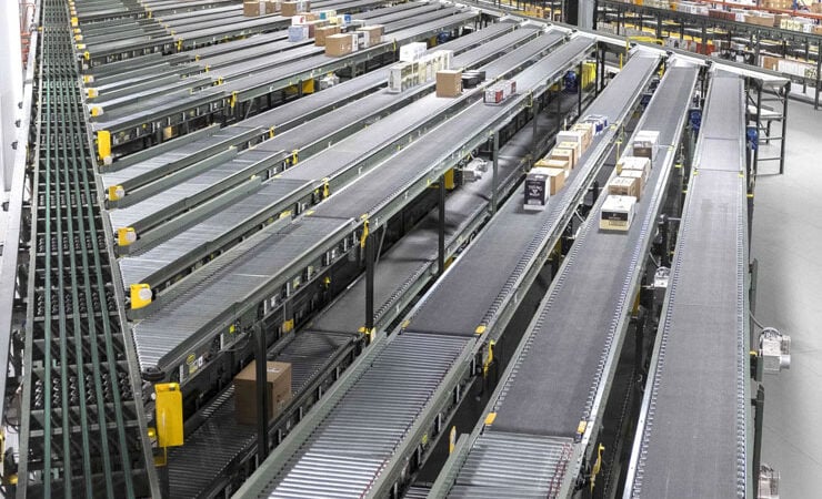 Narrow Belt Sortation Conveyor by Hytrol