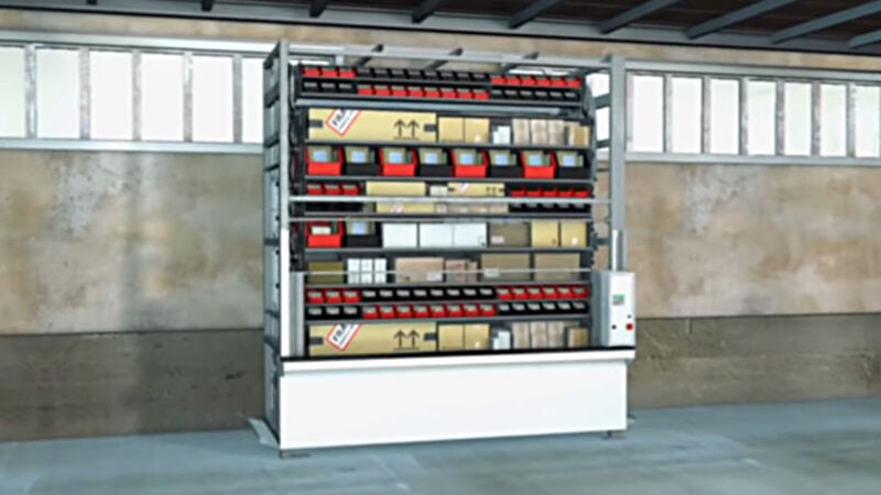High-density vertical carousel for inventory management.