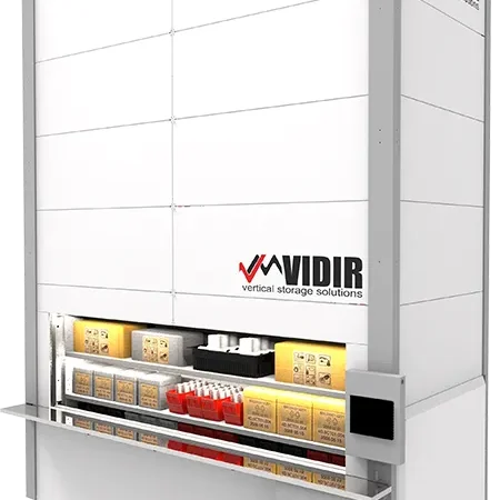 High-density vertical carousel for inventory management.