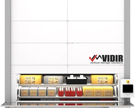 High-density vertical carousel for inventory management.