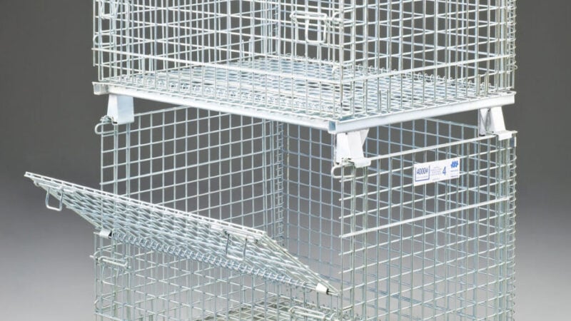 Folding Wire Containers - Stackable and collapsible containers for bulk storage.