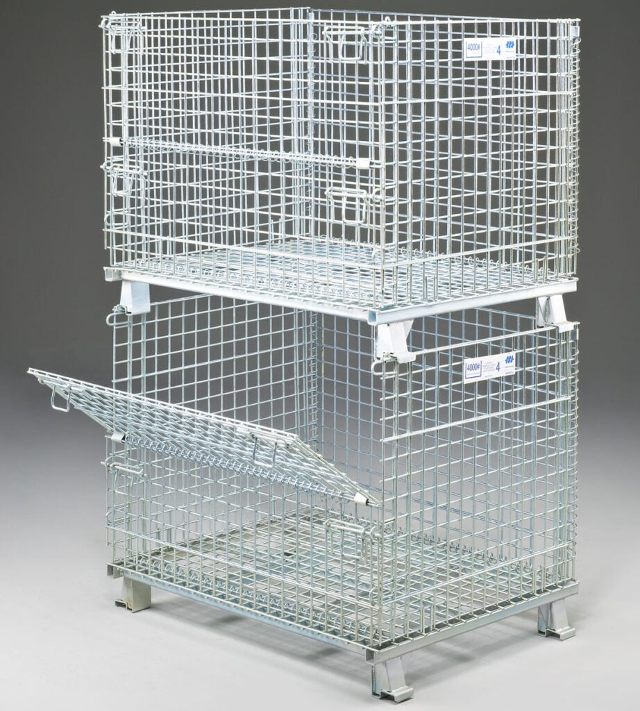 Folding Wire Containers - Stackable and collapsible containers for bulk storage.